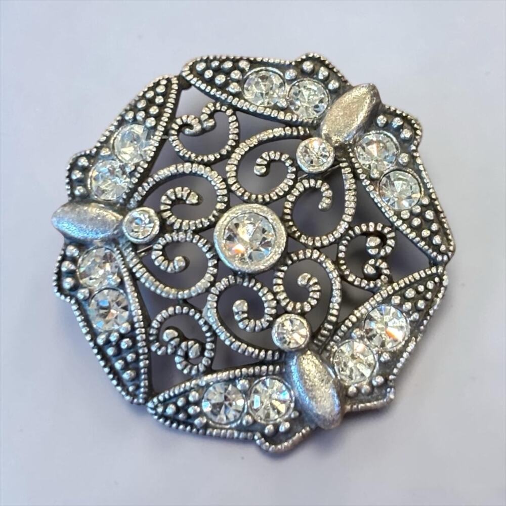 Art Deco Rhinestone Filigree Brooch 1928 Jewelry Co Silver Tone Pin